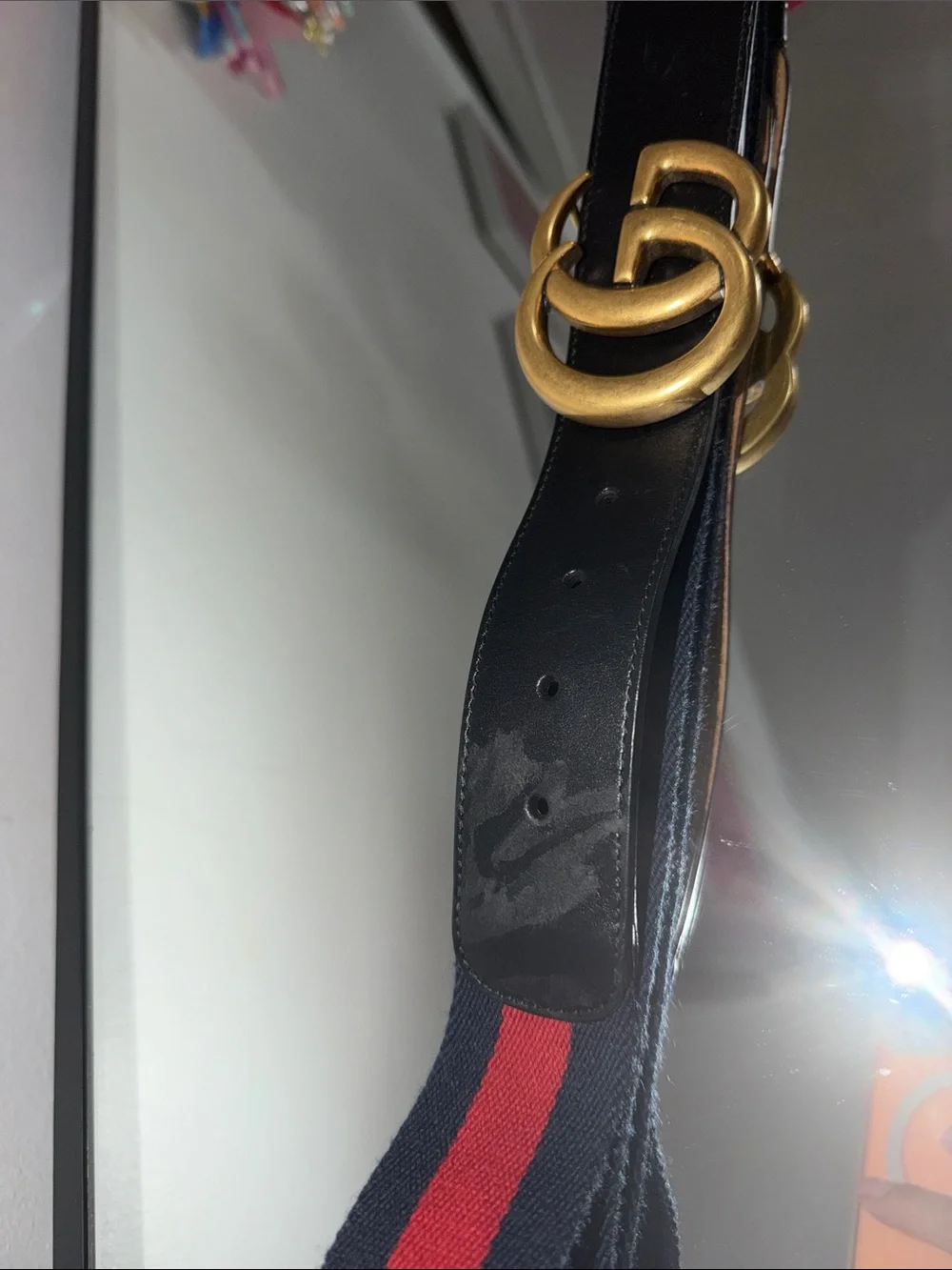 Gucci Black Leather & Navy Red Web Belt with Gold Double G Buckle